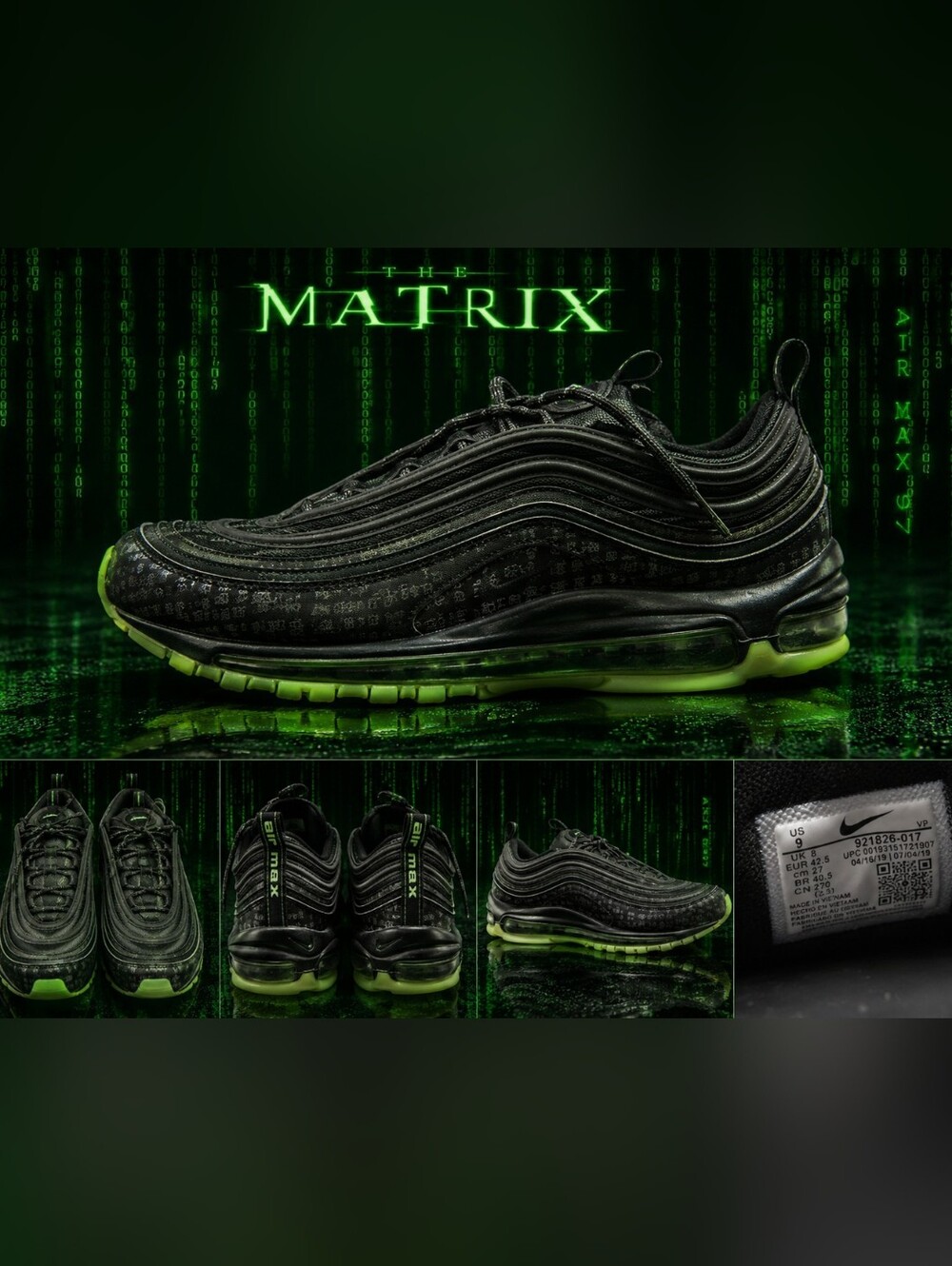 Nike Air Max 97 Matrix Black Volt Neon Green Reflective Men’s Size 9 Sneakers